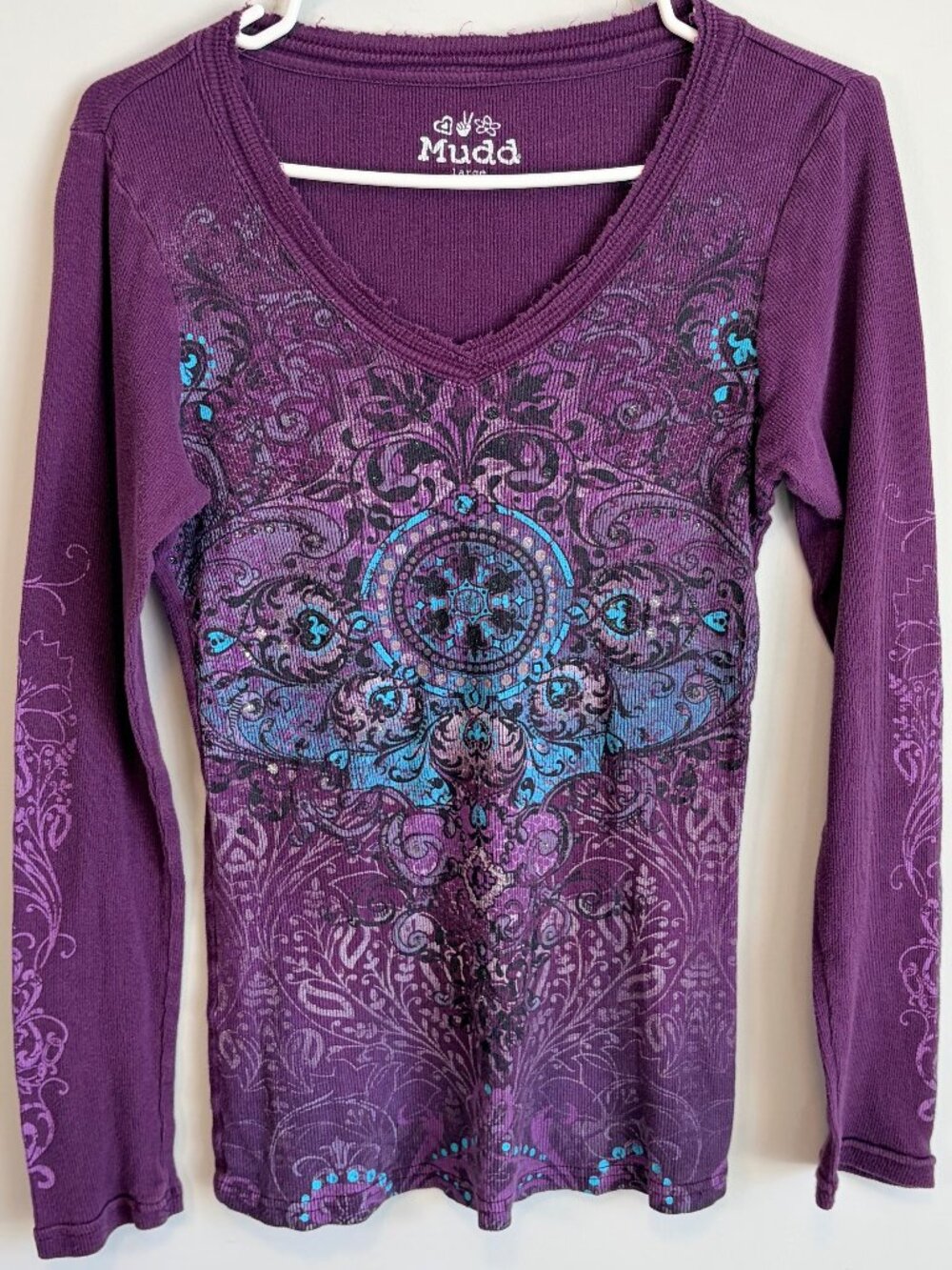 Y2K Mudd Graphic V-Neck Long Sleeve Cotton Knit Tee Layer Purple Women's Large